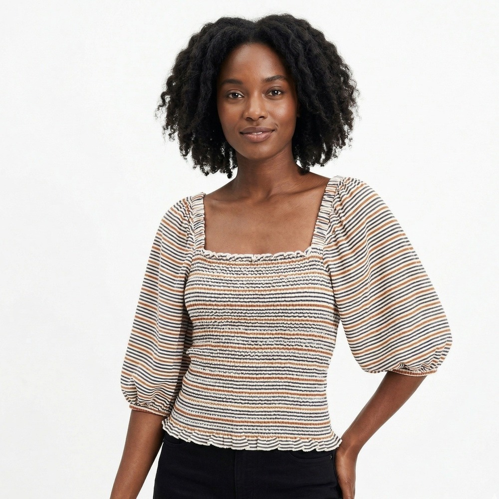 Loft Cottagecore Knit Puff Sleeve Peasant Top White Brown Striped Smocked Size S